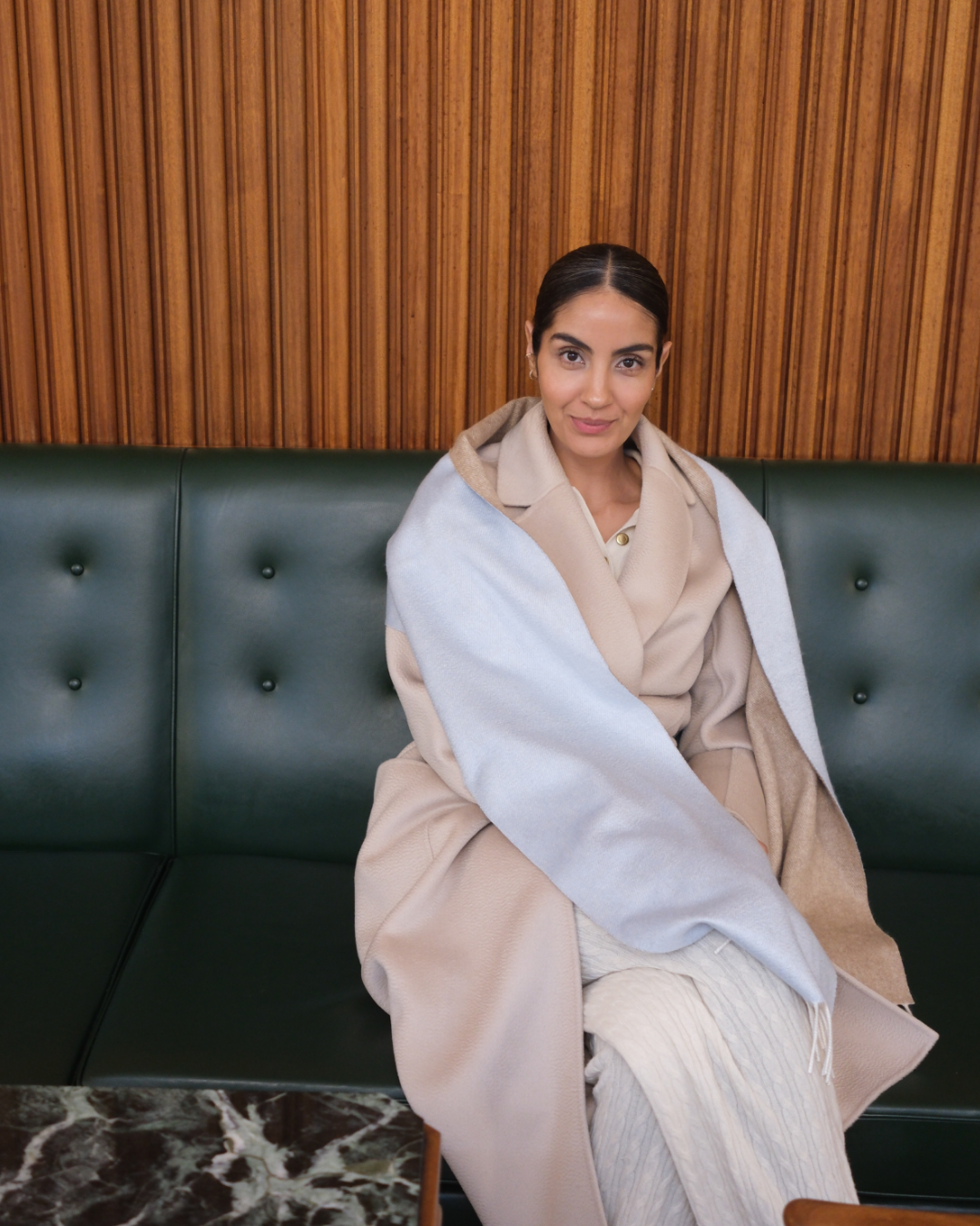Tricolore Cashmere Scarf - Light blue & walnut