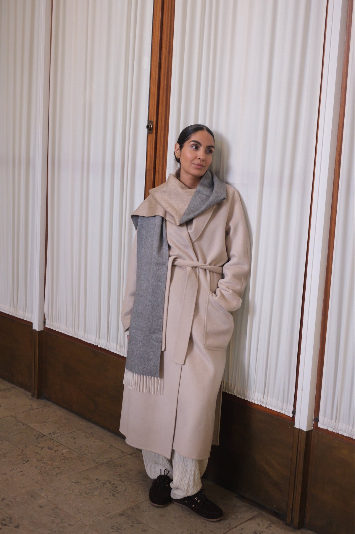 Tricolore Cashmere Scarf - Grey & walnut